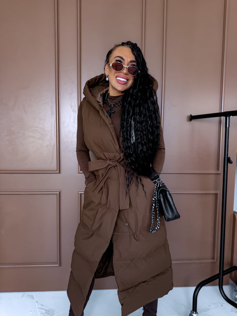 Long, chocolate brown vest with tie belt